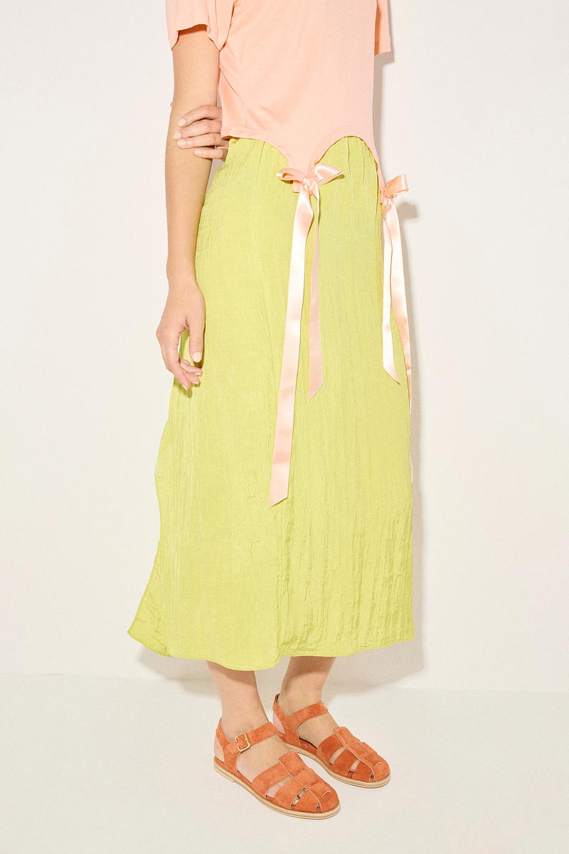 SERA fisherman sandal in canatalope suede styled with yellow skirt and ribbon embellished tank
