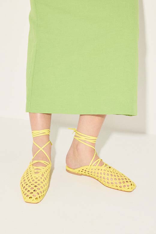 ETTA woven ankle lace up flat in yellow calf styled with green dress