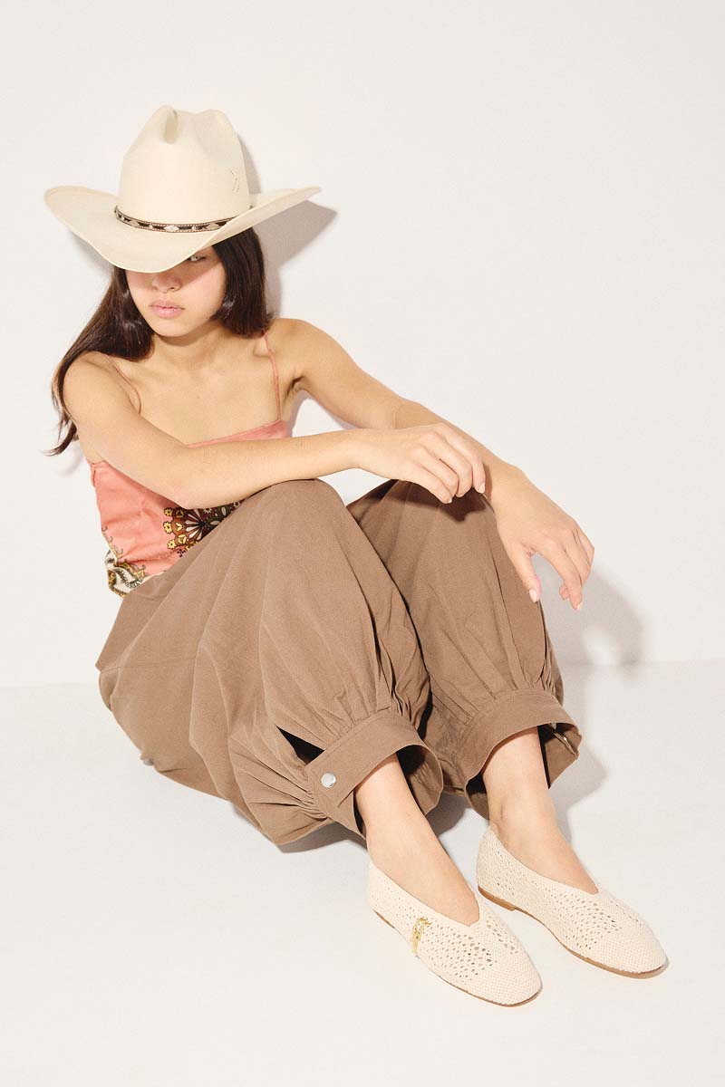 DAISY crochet flat styled with tan pants and cowboy hat