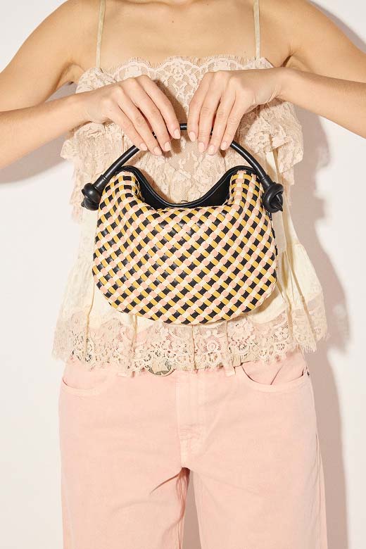 ELIS handbag in multi-woven calf styled with lace embroidered tank and pink pants