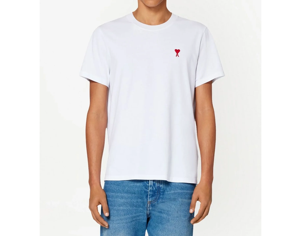 Ami Paris Ami De Coeur Red Embroidered Logo T-Shirt in White