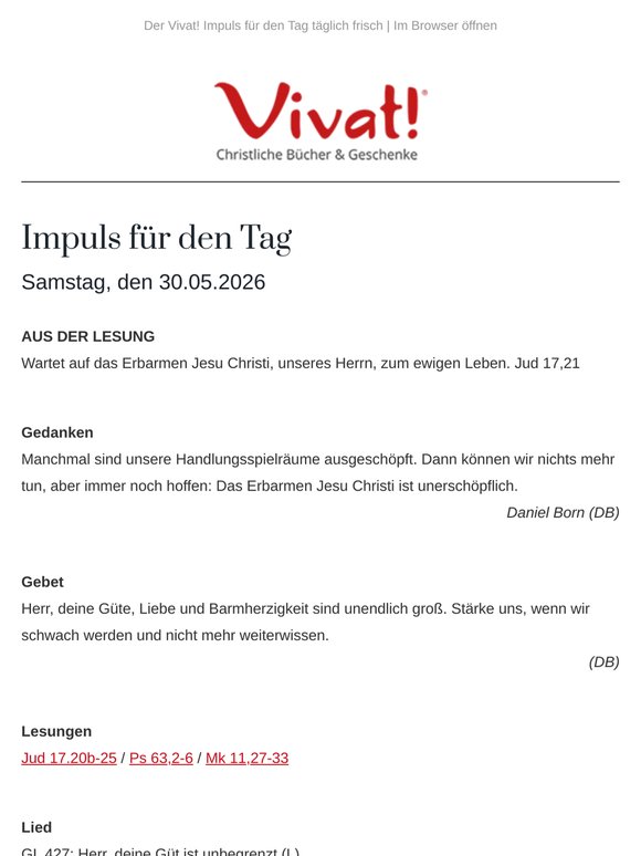Impuls für Samstag, den 30.05.2026 - von Vivat!