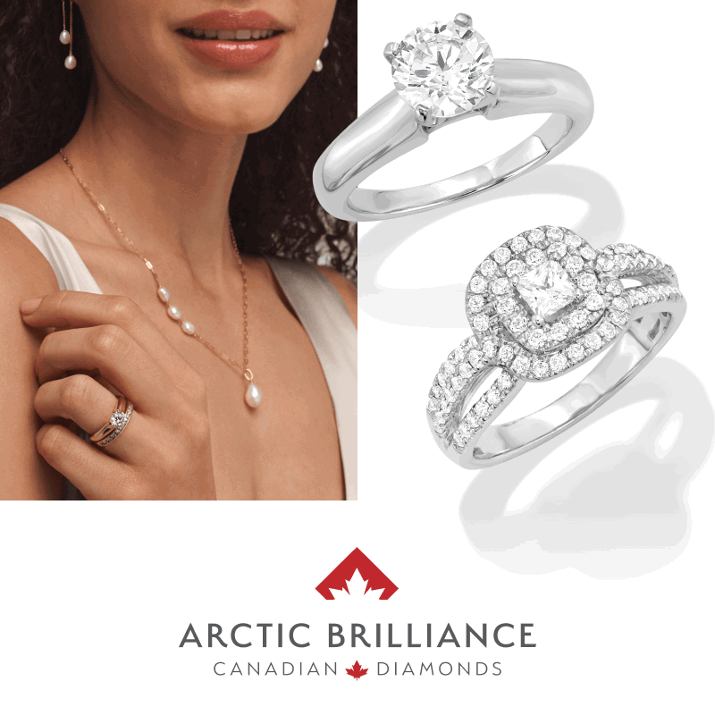 Woman wearing pearl drop necklace and earrings and diamond rings, alongside diamond rings. Arctic Brilliance logo.