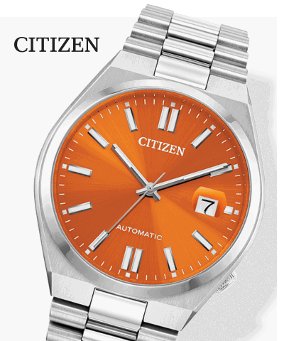 Citizen automatic watch with orange dial and stainless steel bracelet.