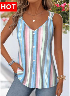 Multi Color Curved Hem Sleeveless V Neck Tank Top