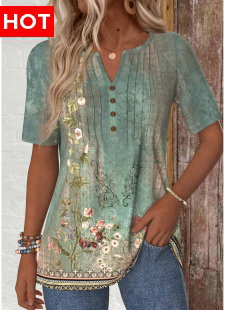 Sage Green Tuck Stitch Random Floral Print T Shirt