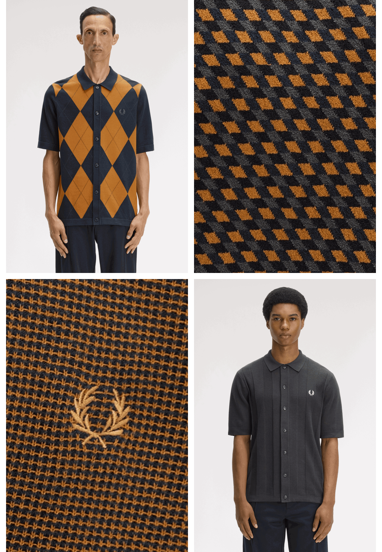Two Fred Perry Knitted Shirts and two close up shots of the knitted patterns