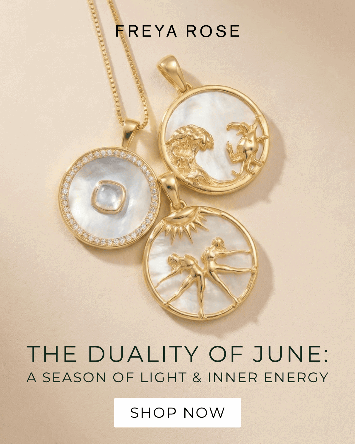 A curated flatlay of Freya Rose's signature Mother of Pearl  zodiac and Moonstone birthstone necklaces perfect for June birthday gifts