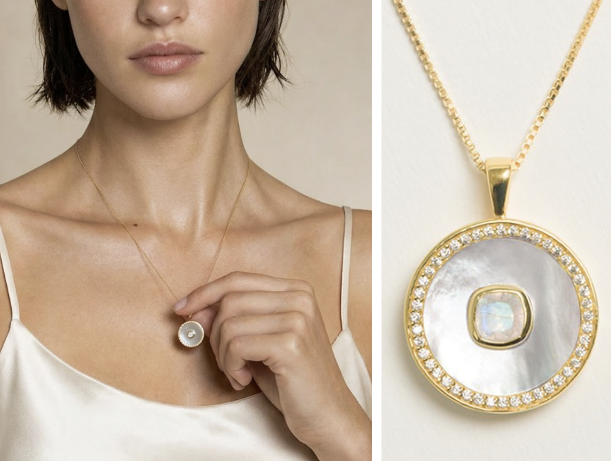 Freya Rose model wearing their signature Mother of Pearl and Moonstone Necklace - the perfect gift for a June birthday