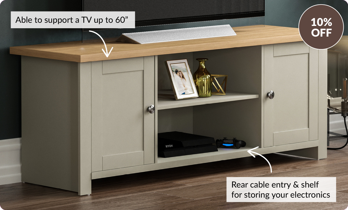 10% off. Able to support TV up to 60in. Rear cable entry and shelf for storing your electronics