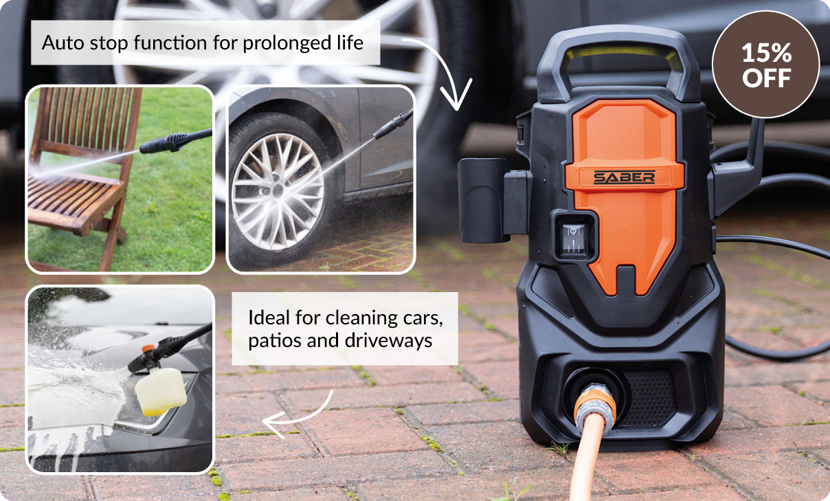 15% off. Auto stop function for prolonged life. Ideal for cleaning cars, patios and driveways