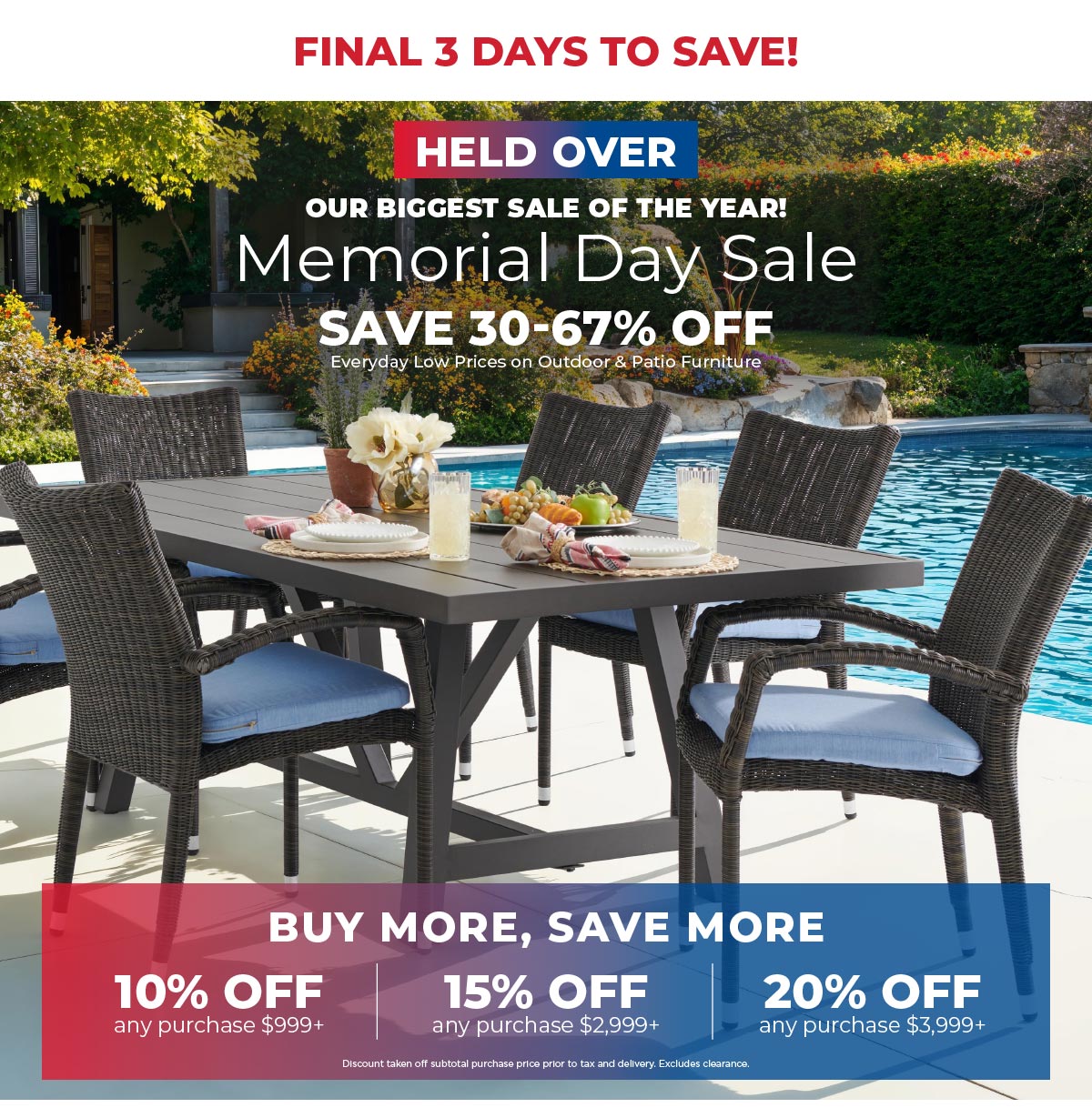 Memorial Day Sale - save 30-67% off patio furniture 