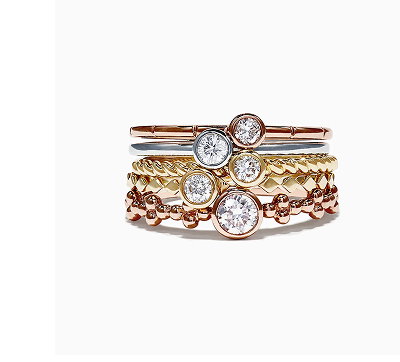 Trio 14K Tri Color Gold Diamond 5 Stack Ring, 0.61 TCW