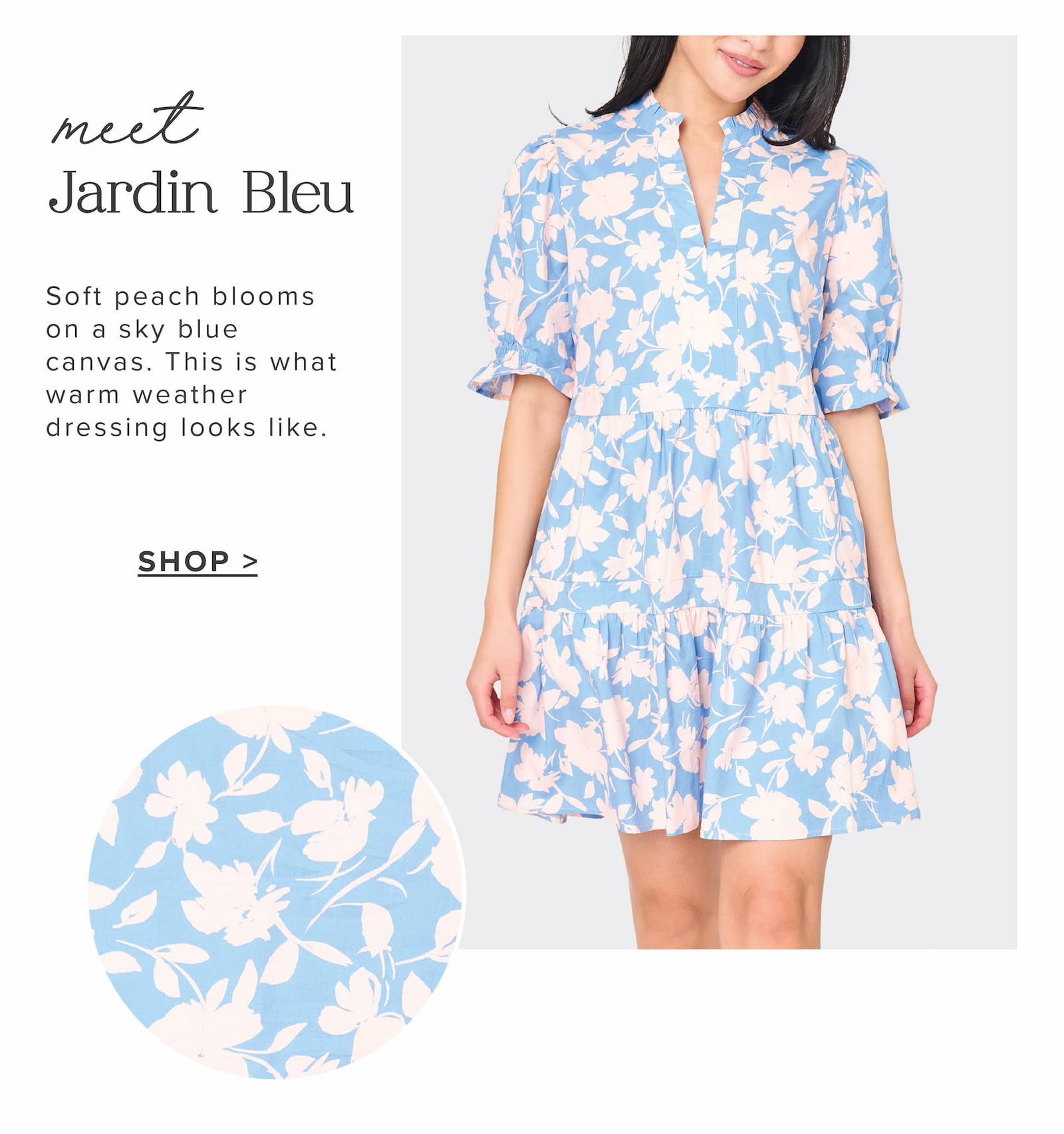 Meet Jardin Bleu puff sleeve decked out day dress