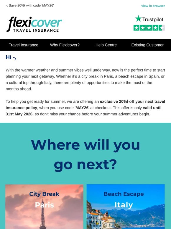 —, get ready for your summer trip and save 20%Ɨ on travel insurance