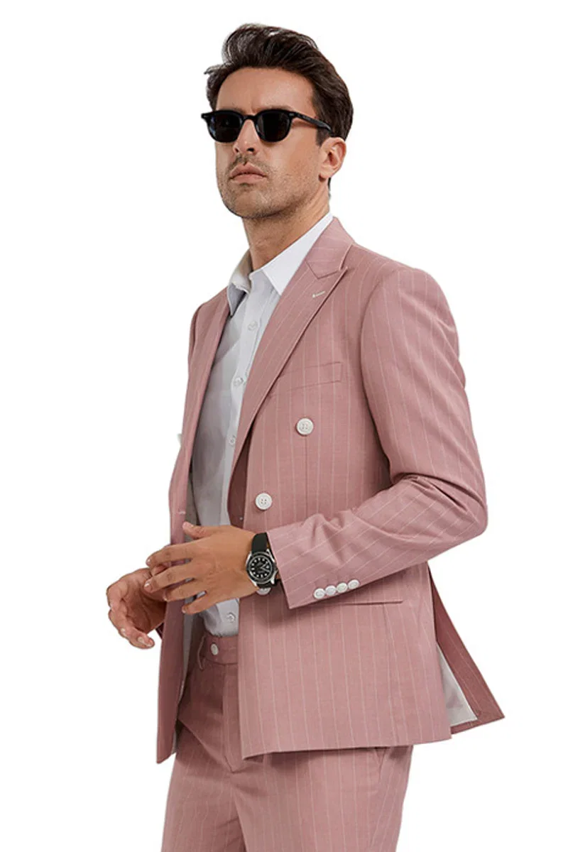 Men's Slim Fit Double Breasted Bold Gangster Pinstripe Suit in Pink