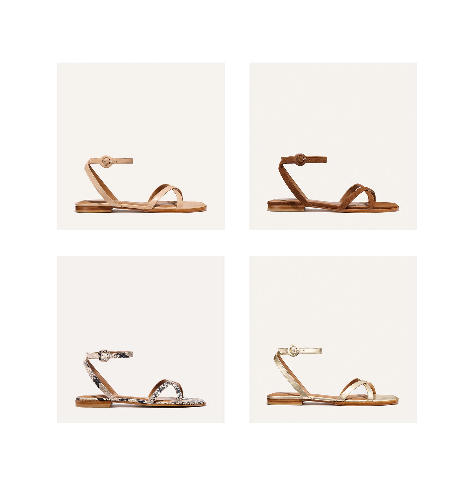 The Flat Sandal in Dune Nappa, Saddle Suede, Natural Python and Champagne Nappa.