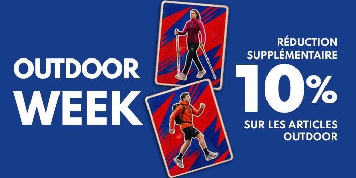 Promotional banner: Outdoor Week — extra 10% off outdoor gear, showing a woman and a man hiking with walking poles
