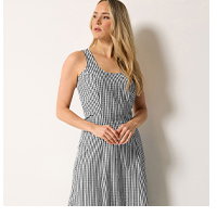 Black Gingham Cotton Midi Dress