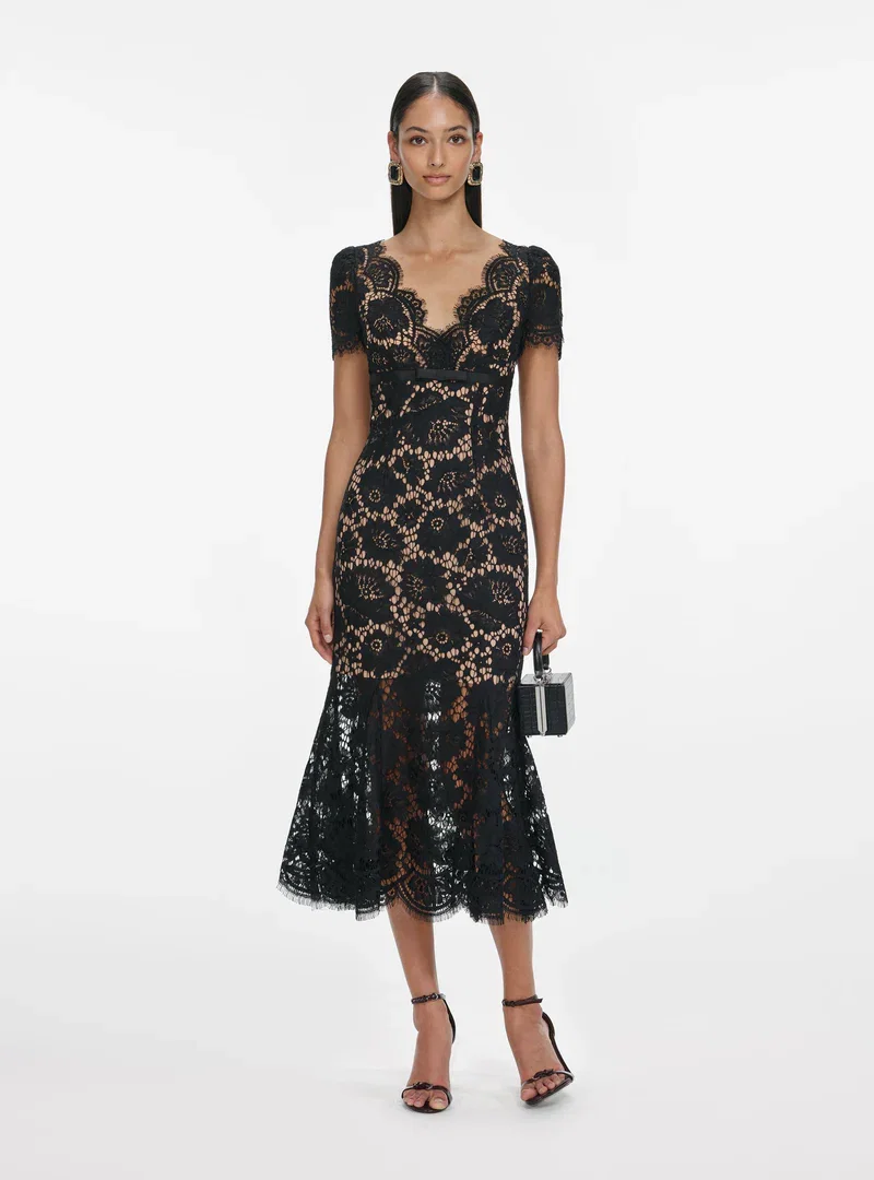 BLACK FLORAL LACE MIDI DRESS