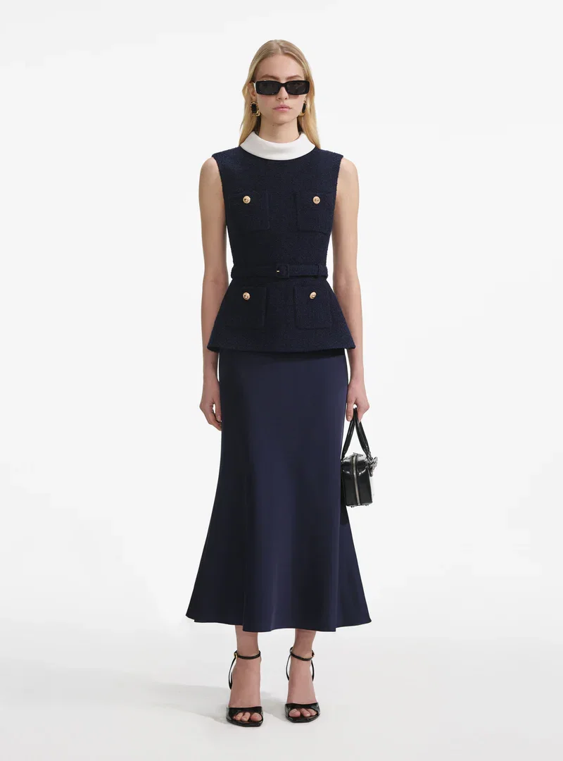 NAVY BOUCLE SLEEVELESS MIDI DRESS