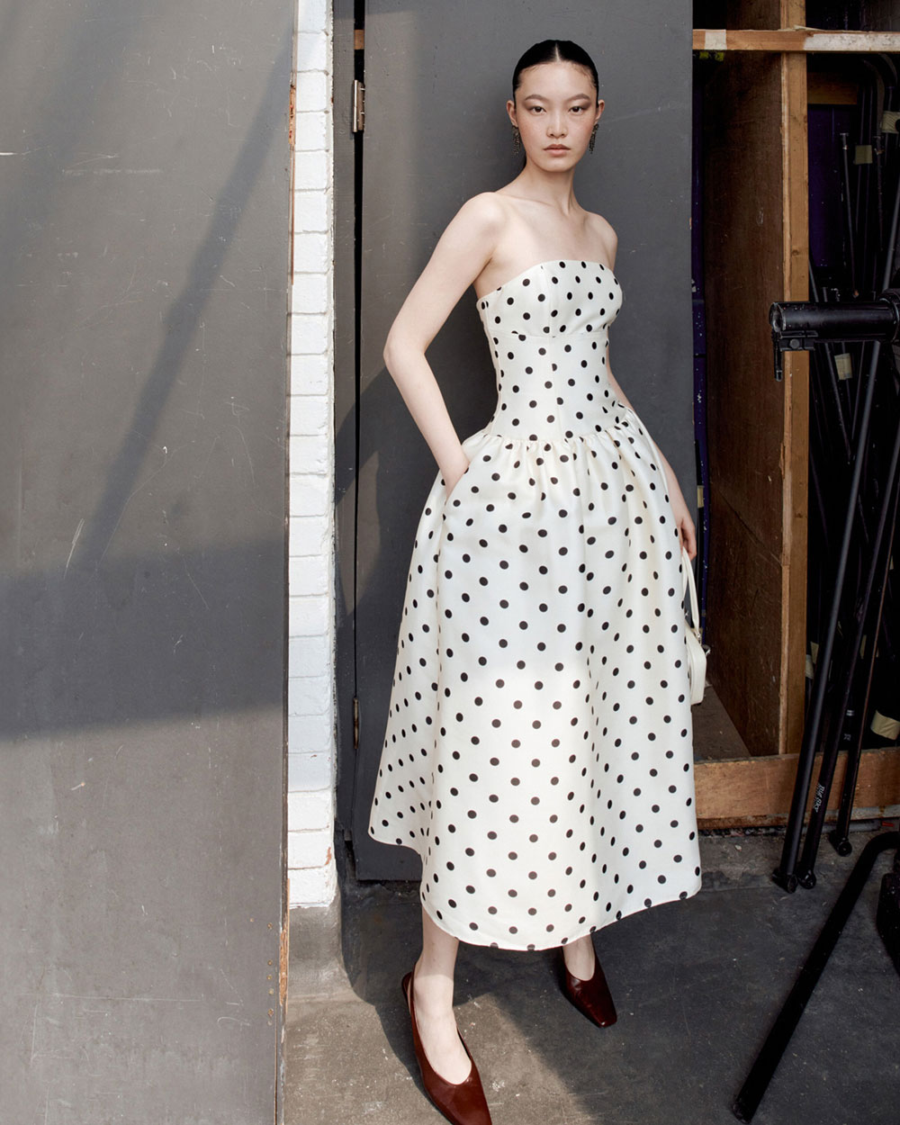 Cream Polka Dot Taffeta Midi Dress