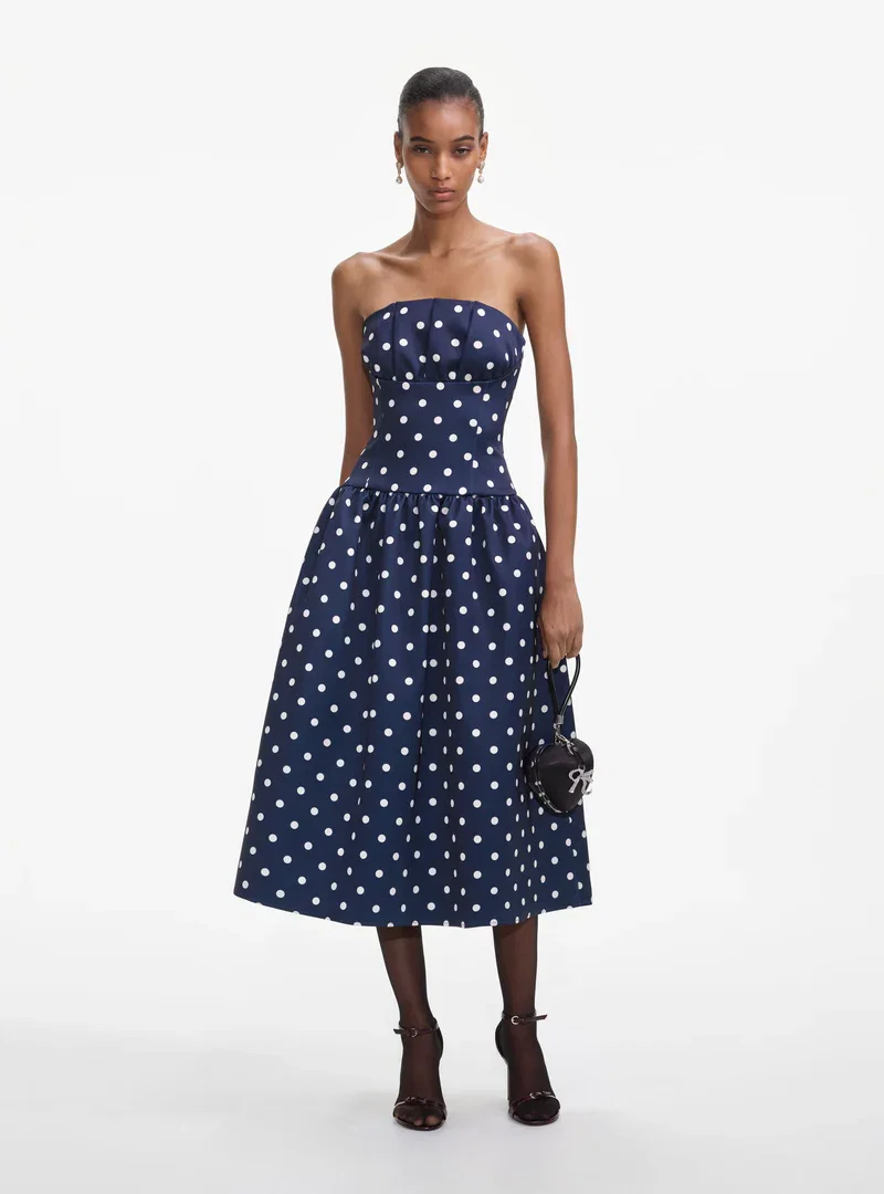 NAVY BANDEAU POLKA DOT SATIN MIDI DRESS