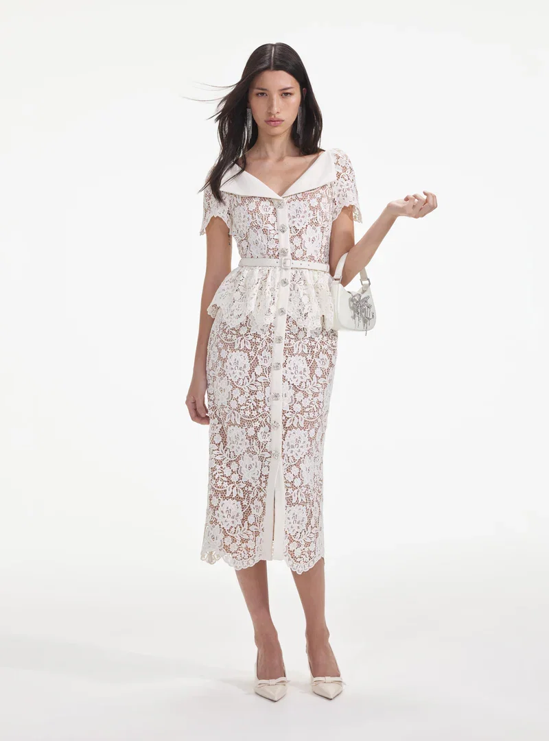 CREAM LACE PEPLUM MIDI DRESS