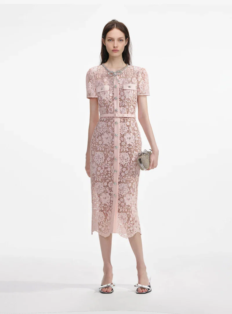 PINK LACE DIAMANTE BOW MIDI DRESS