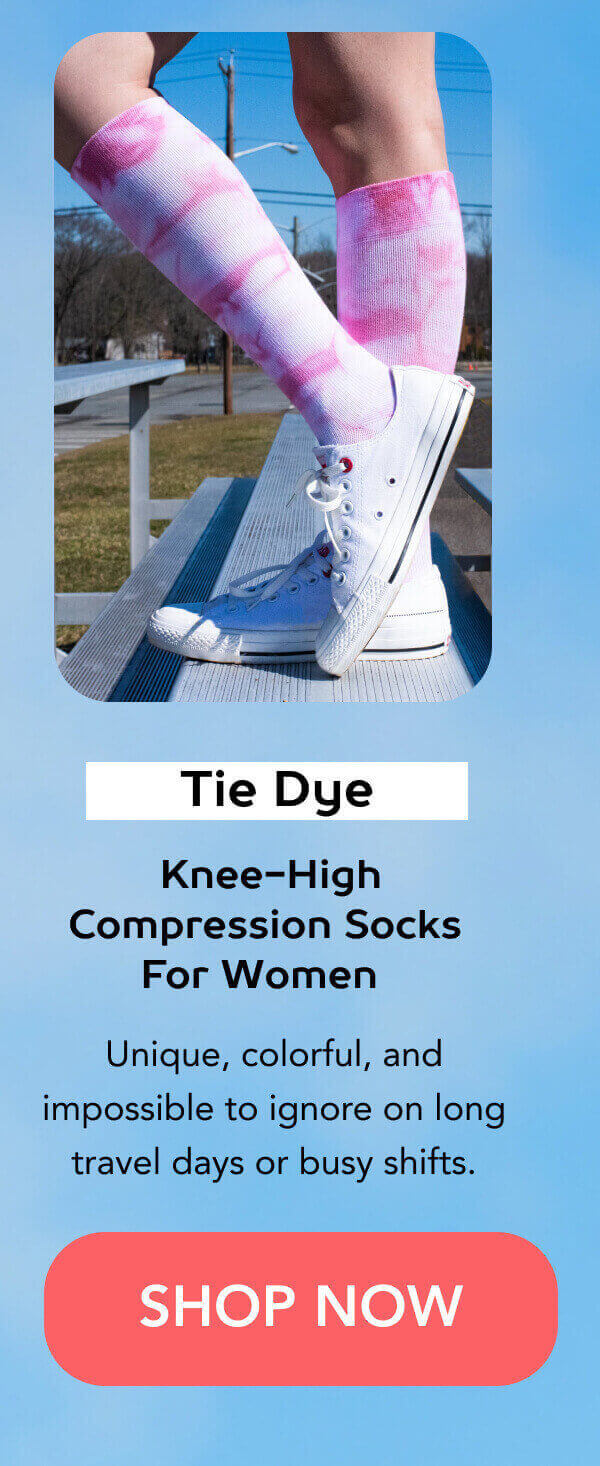 Tie Dye | Knee-High Compression Socks For Women  Unique, colorful, and impossible to ignore on long travel days or busy shifts. 