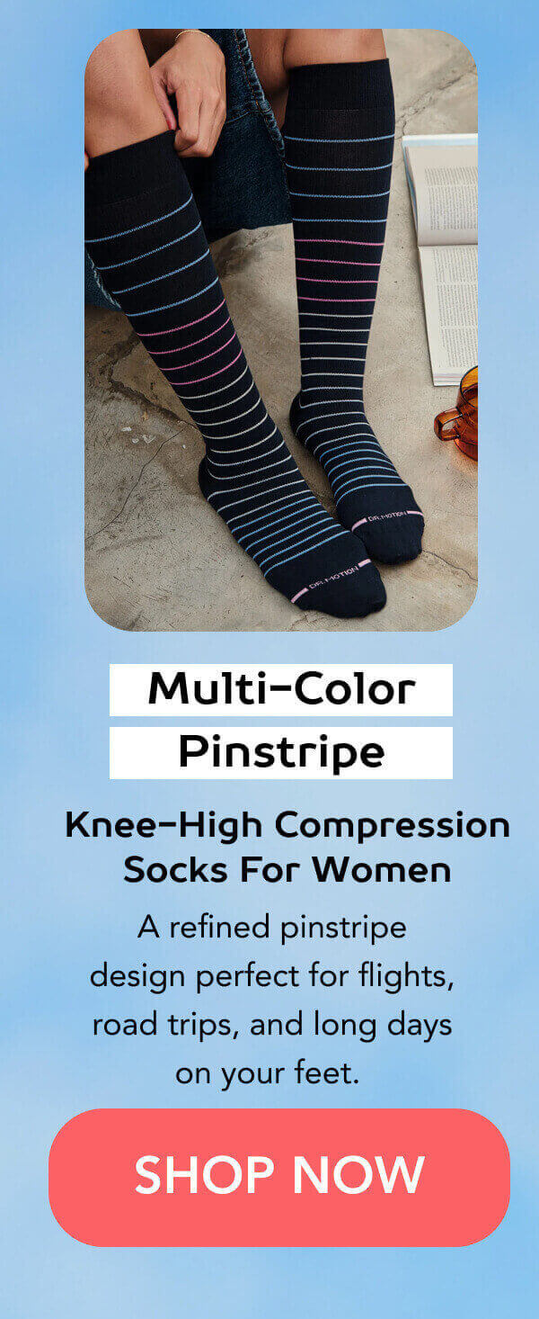 Multi-Color Pinstripe | Knee-High Compression Socks For Women  A refined pinstripe design perfect for flights, road trips, and long days on your feet. 