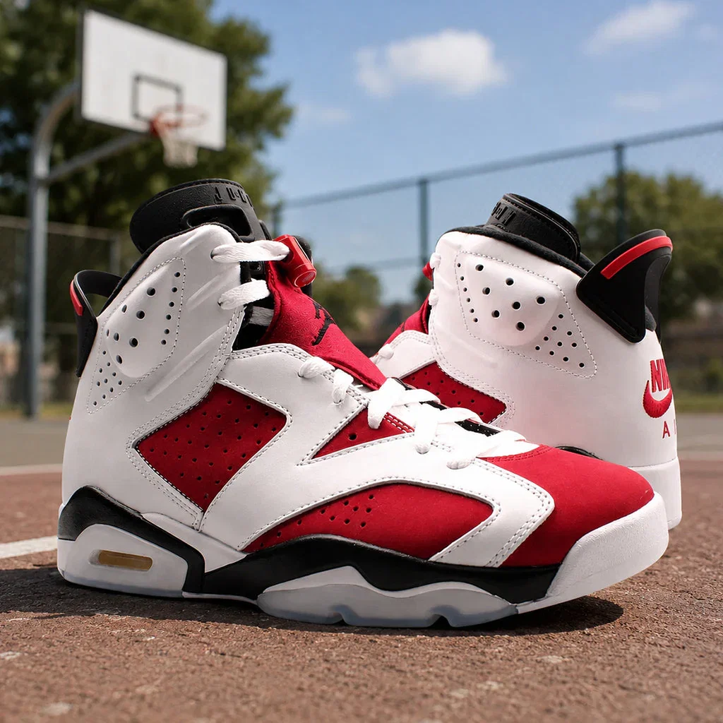 Red and white Air Jordan 6 basketball shoes displayed on an outdoor court with basketball hoop in background.