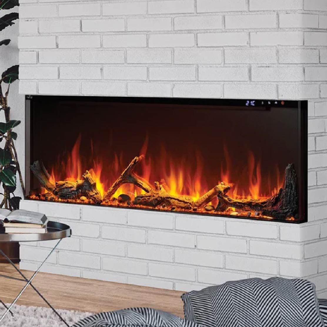 Modern electric fireplace with glowing flames.