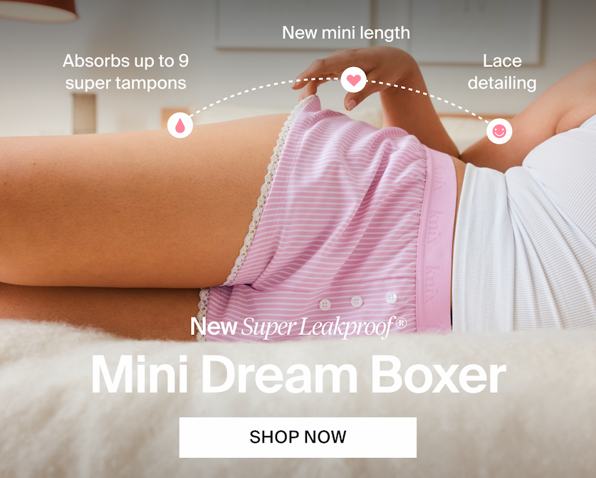 New Super Leakproof Mini Dream Boxer. Absorbs up to 9 super tampons. New mini length. Lace detailing.