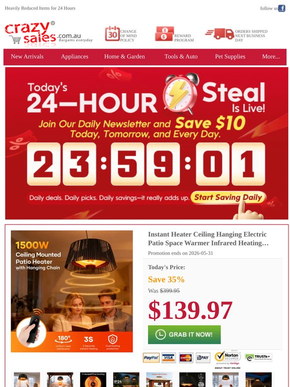 Clearance special: hanging patio heater drops to $139.97 for the next 24 hours