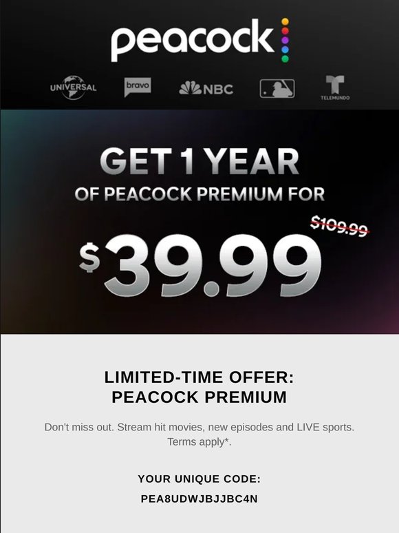 ⏰ LAST CHANCE: 1 year of Peacock Premium for $39.99