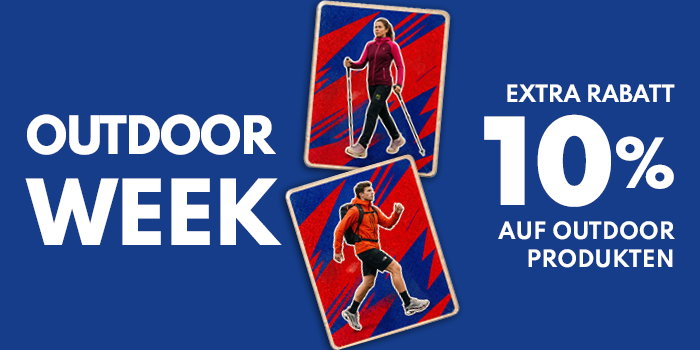Promotional banner: Outdoor Week with two hikers in red jackets using poles and 'Extra 10% off outdoor products' on blue background