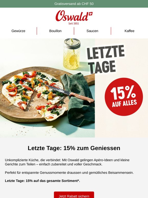 Letzte Tage: 15% auf alles – Apéro & Sharing geniessen