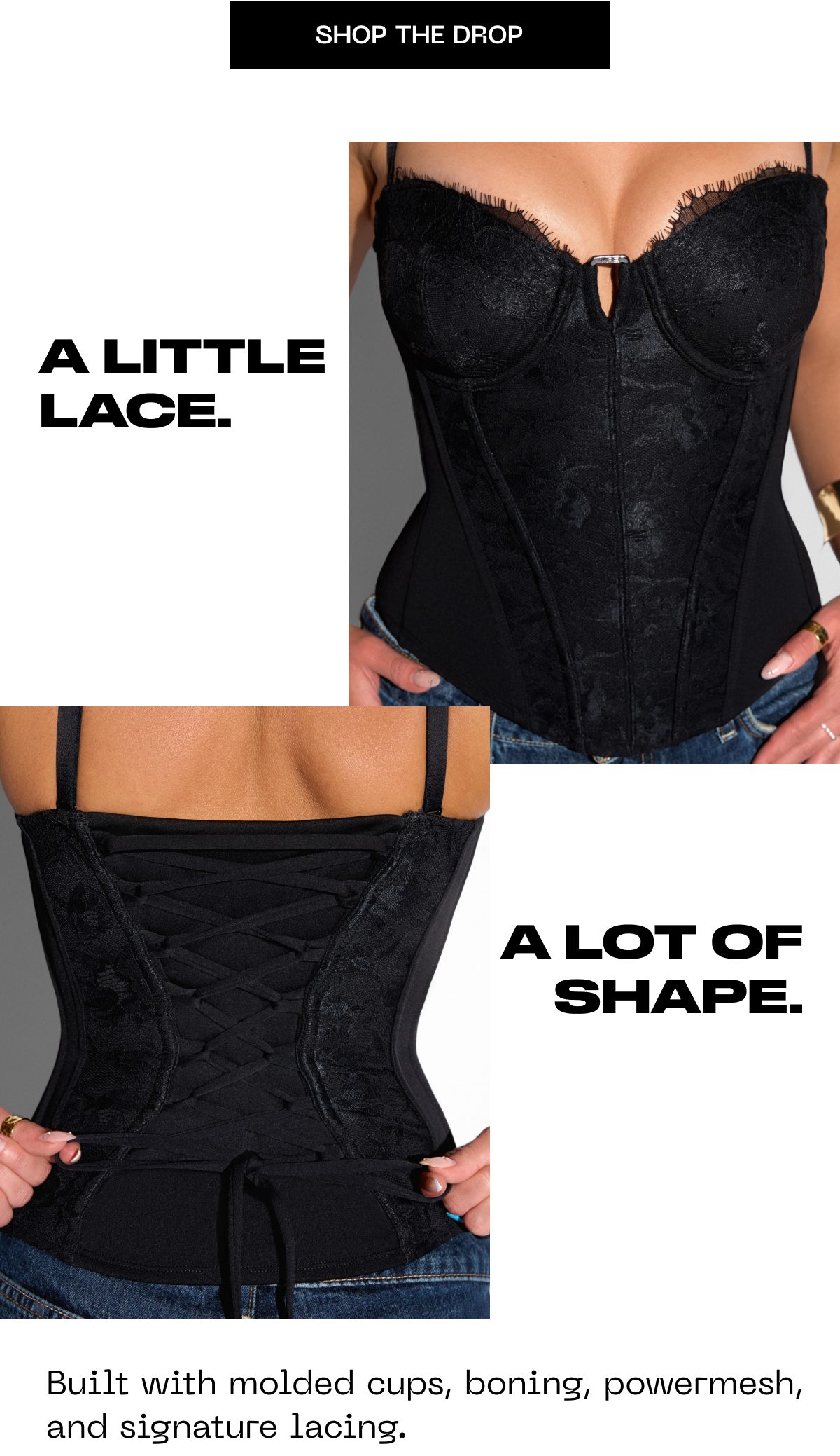 Black corset with lace details and molded cups, showcasing a fitted silhouette.