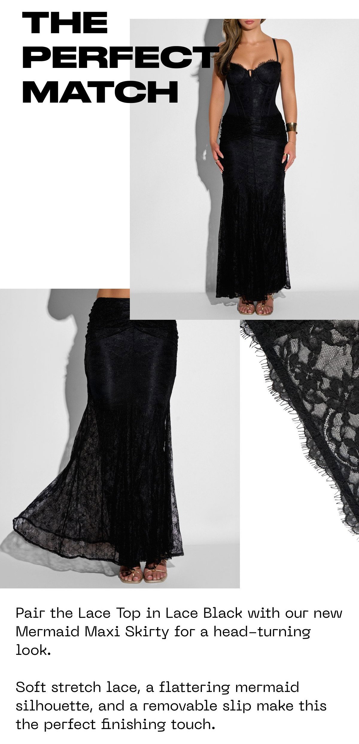 Black lace mermaid dress with a fitted top and flared skirt, styled with a lace top.
