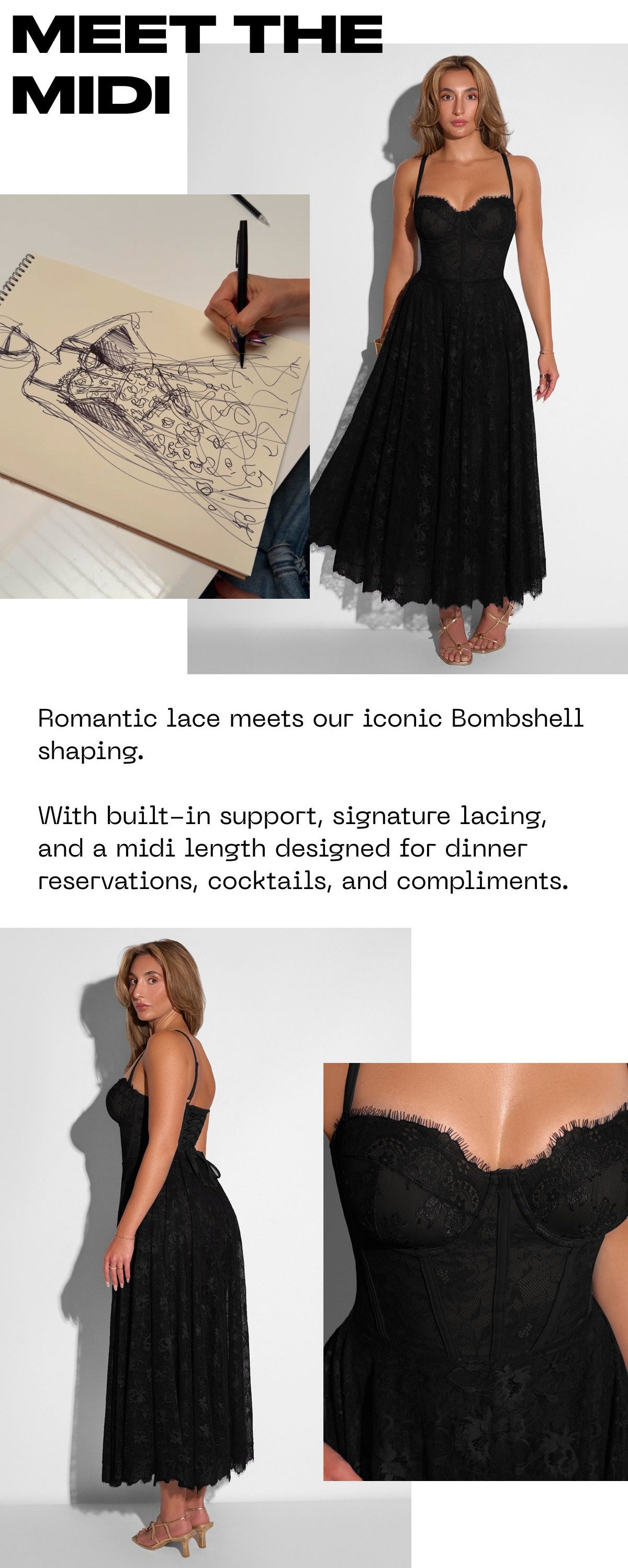 A model in a black midi dress with lace detailing, alongside a sketch of the dress.