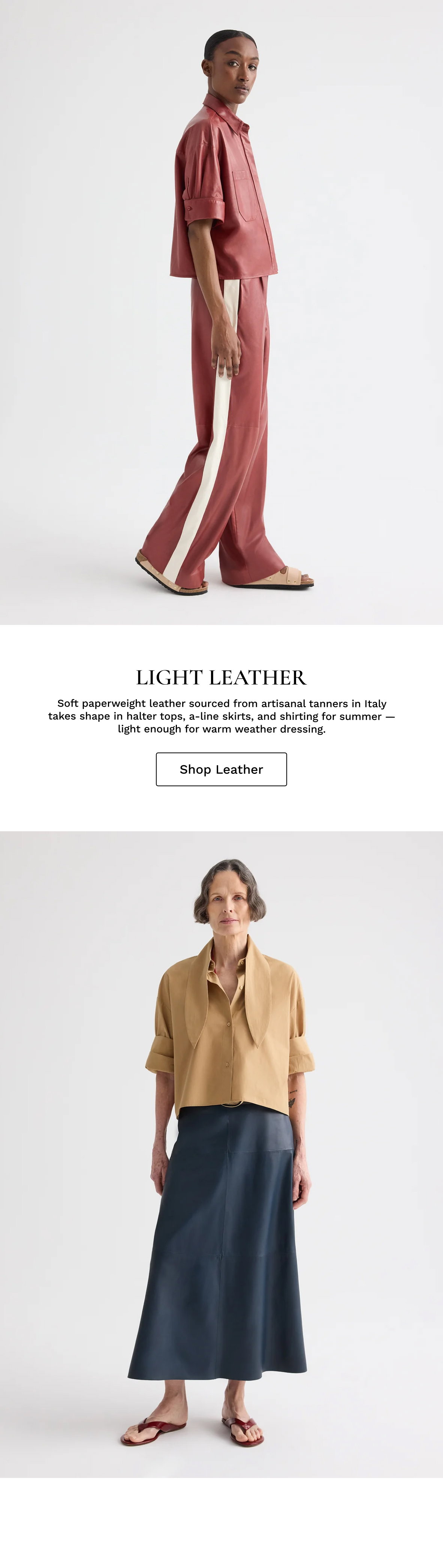Image of a model in a red leather outfit followed by black text and an image of a model in a neutral top and blue leather skirt.