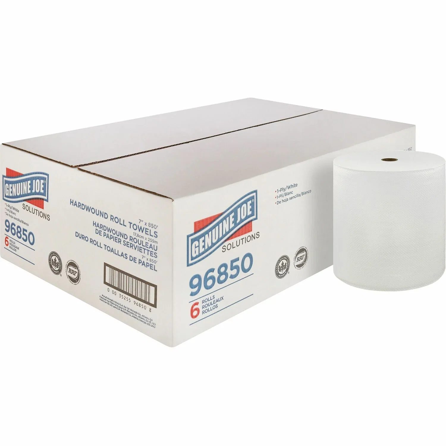 Image of Genuine Joe Solutions Hard Wound Roll Towel, 1-Ply, 7" x 850', 6RL/CT, White (GJO96850)