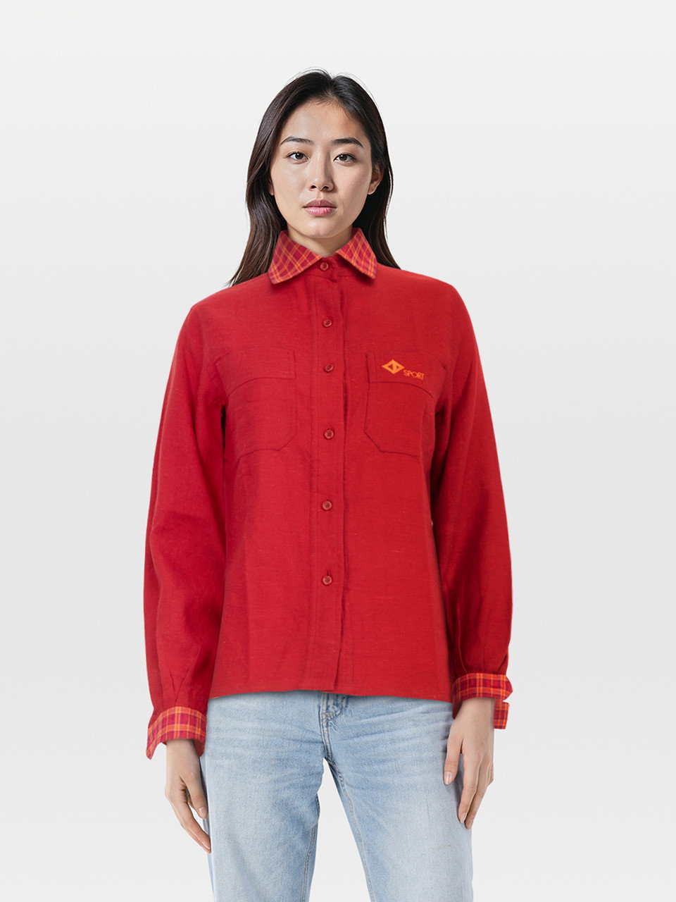 Image of Red Check Collar Long Sleeve Shirt