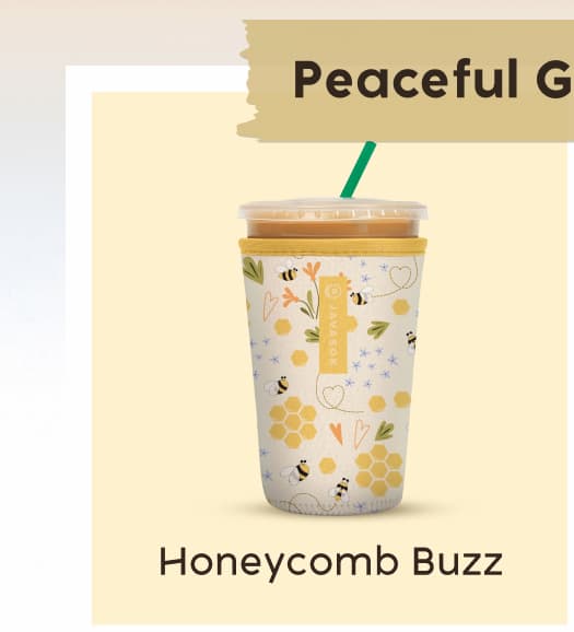 White cup with bee and floral design.