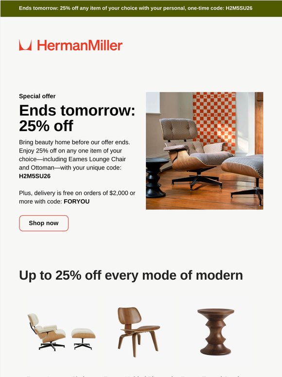 Ends tomorrow: 25% off any one item