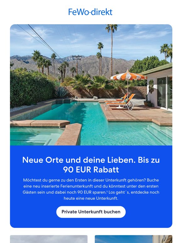 Spare bis zu 90 EUR bei neuen Ferienunterkünften auf FeWo-direkt