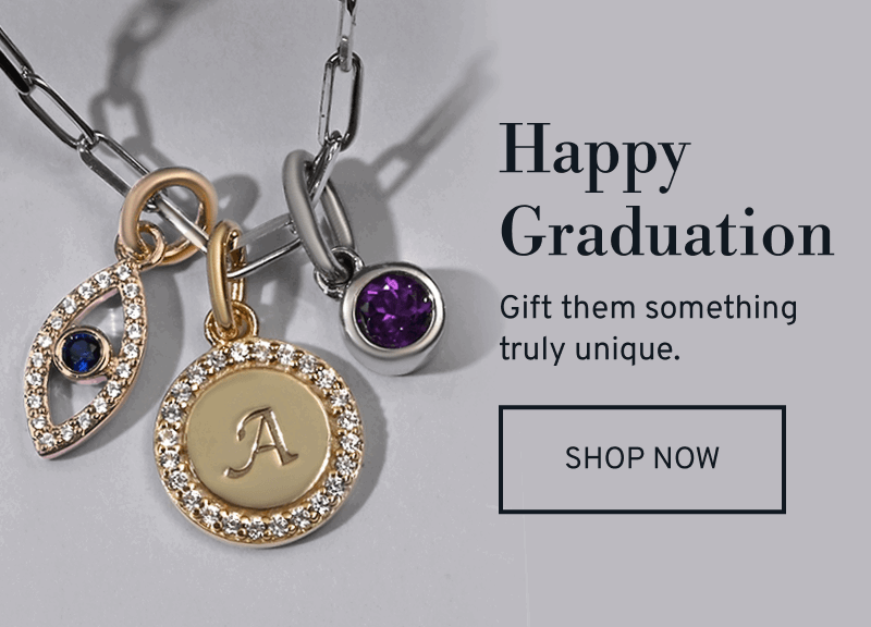 A link necklace with gemstone and diamond charms. Happy Graduation. Gift them something truly unique. Click to Shop Now