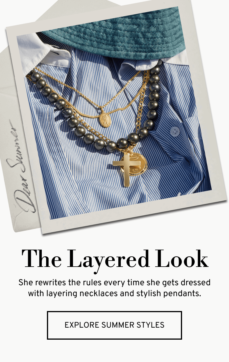 Polaroid of necklaces over striped shirt. Get The Layered Look with necklaces and pendants. Click to Explore Summer Styles