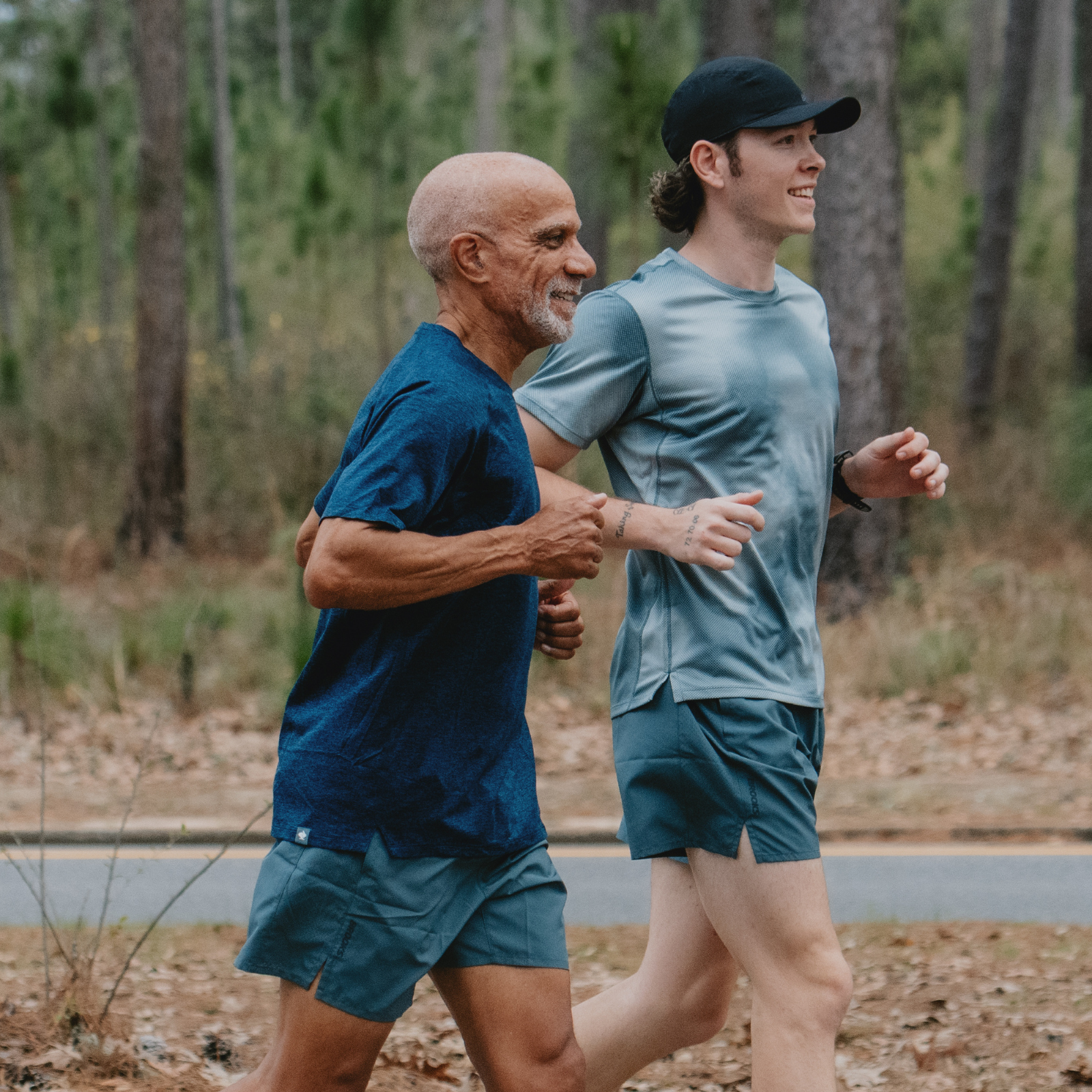 Two men running outside
